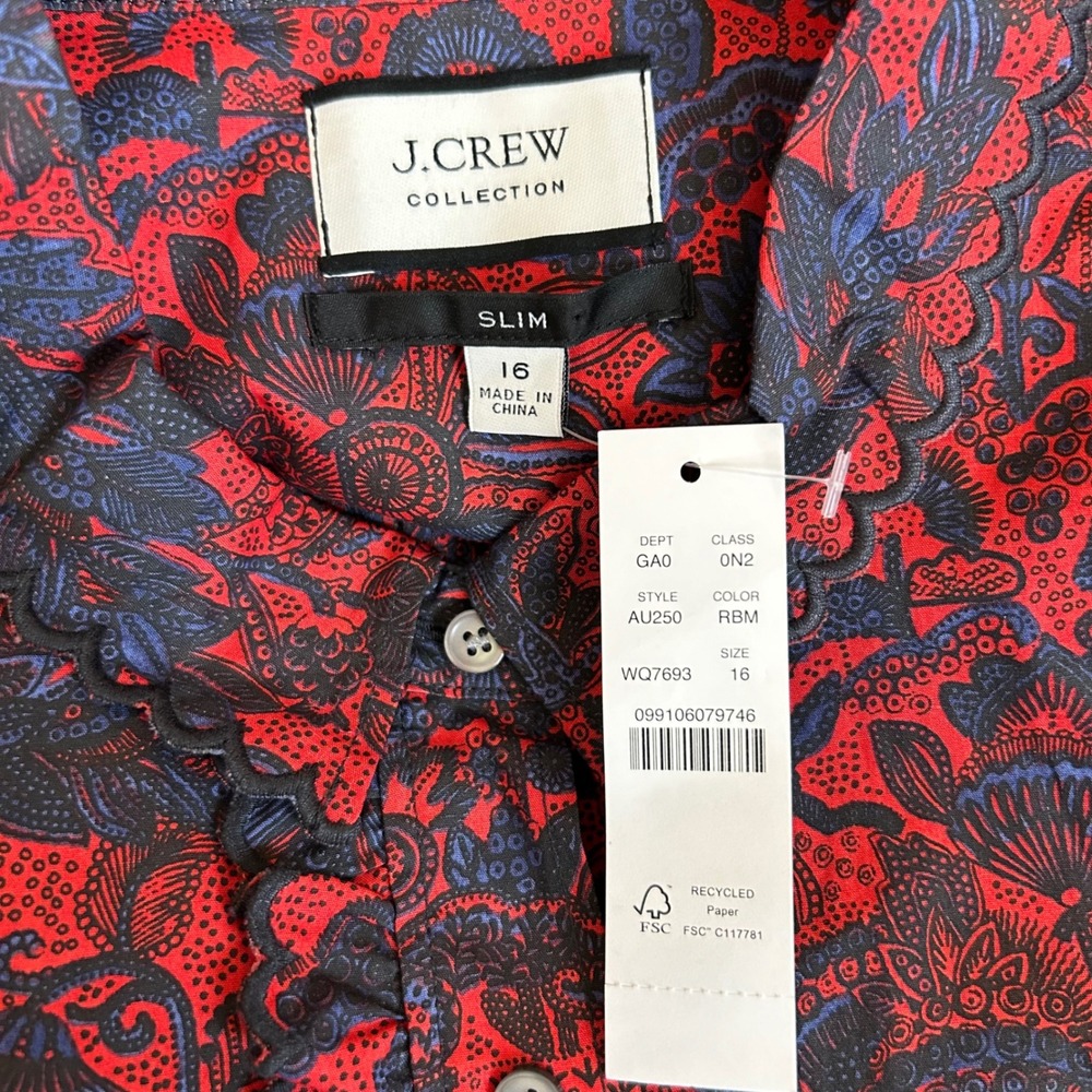 J.Crew Collection Size 16 Shirt Slim Ruffle Scallop Paisley Cotton Red Navy Boho - Picture 3 of 10